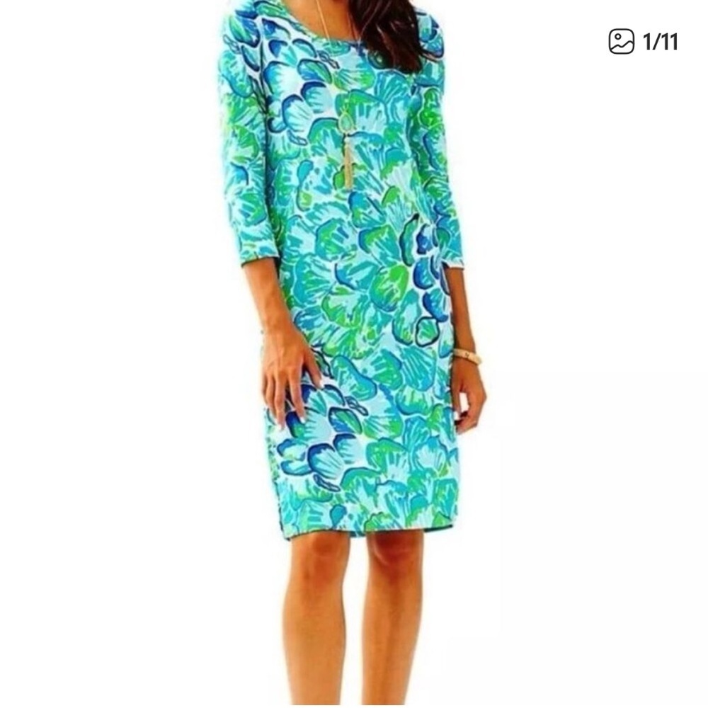 Lilly Pulitzer Kenzie vibrant Blue and Green 3/4 sleeve pima cotton dress